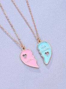 2pcs/set Girls' Hollow Out Letter & Heart Shaped Zinc Alloy Pendant Necklace Set, Perfect For Best Friends As A Jewelry Gift - Multicolor - View 1