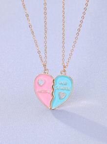 2pcs/set Girls' Hollow Out Letter & Heart Shaped Zinc Alloy Pendant Necklace Set, Perfect For Best Friends As A Jewelry Gift - Multicolor - View 2