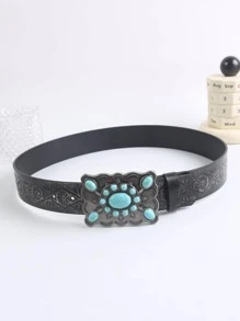 1入組女性綠松石裝飾幾何搭扣復古皮帶適用於日常生活 - 彩色 - 查看 1