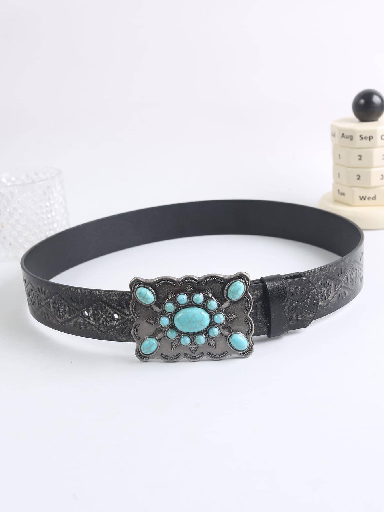 1入組女性綠松石裝飾幾何搭扣復古皮帶適用於日常生活 - 彩色 - 查看 1