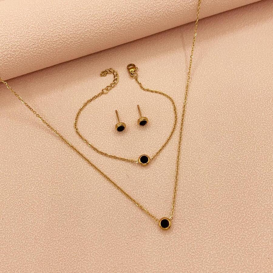 水鑽吊墜項鍊和耳釘和手鐲 - 金黃色 - 查看 1