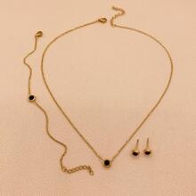 水鑽吊墜項鍊和耳釘和手鐲 - 金黃色 - 查看 5