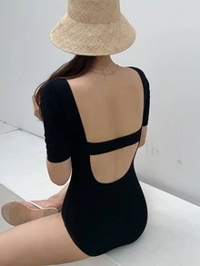 Bañador una pieza unicolor de cuello cuadrado - Negro - Ver 3