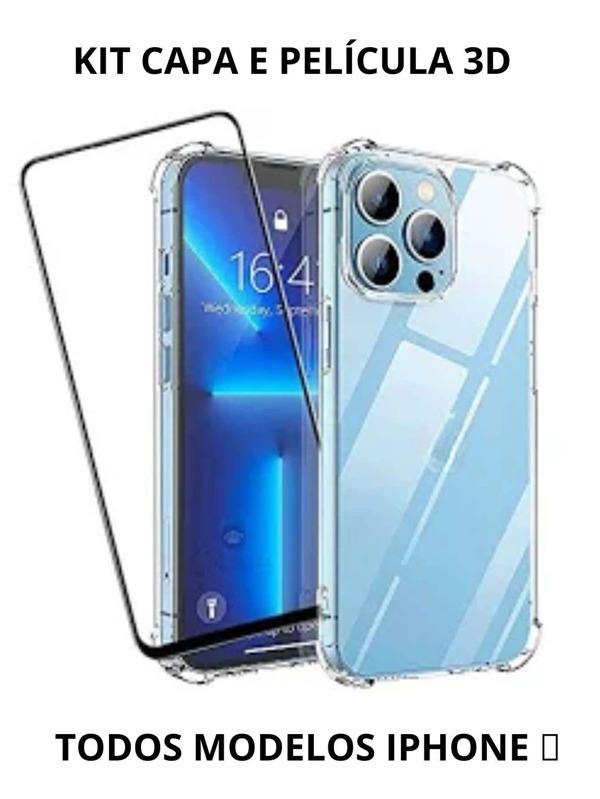 Kit Capa Anti Impacto Transparente + Película Vidro 3D P/ Todos Modelos de iPhone