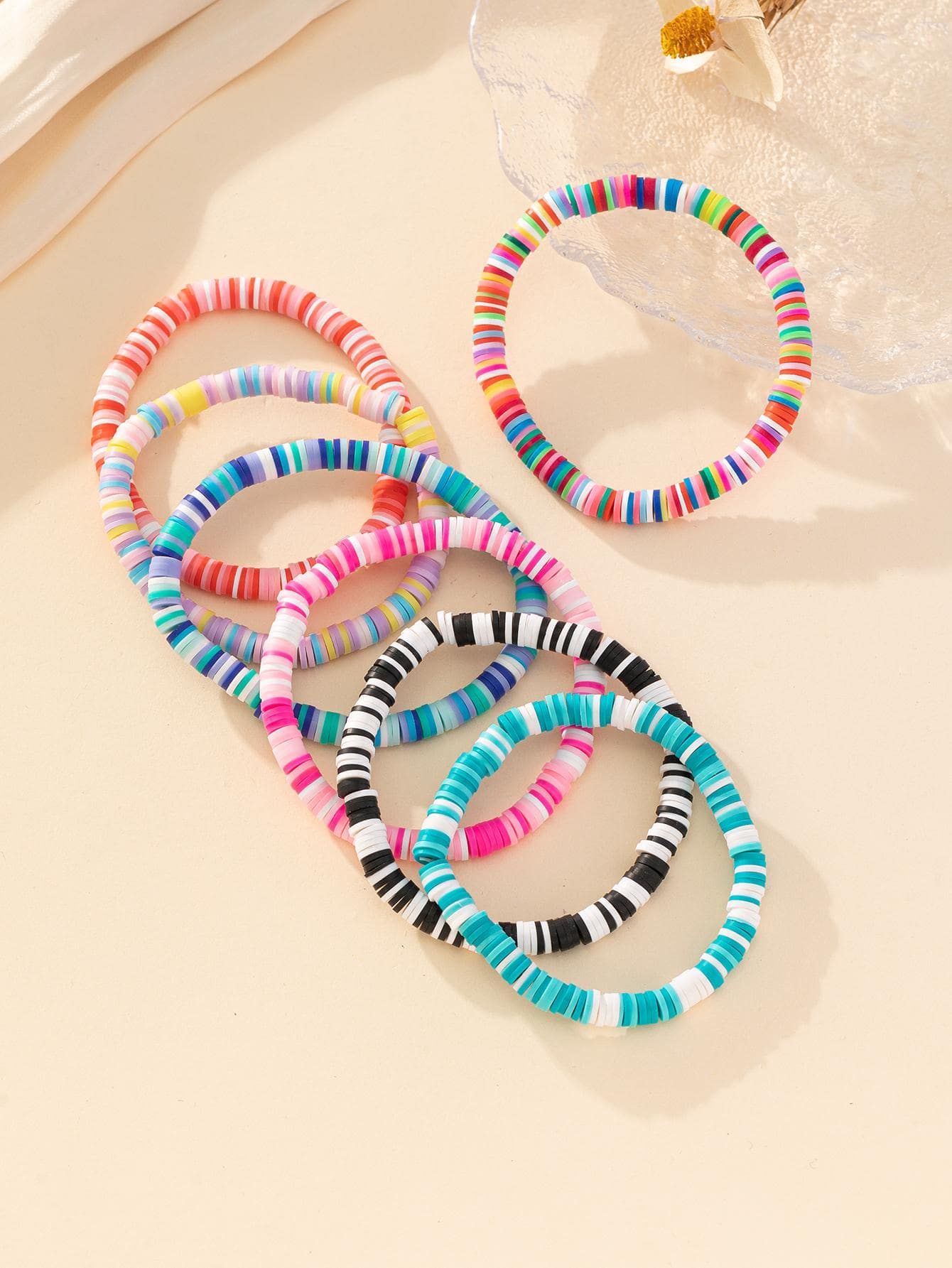 7入組多色軟陶碟形珠手鍊,適合女性約會和派對 - 彩色 - 查看 1