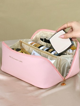 1入組帶手柄字母圖形風琴枕袋，淡粉色多層隔層，大容量化妝包，適用於戶外