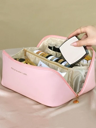 1个字母图案风琴枕形手提袋，粉色多层隔层，大容量洗漱包，户外适用