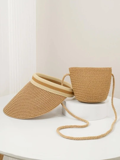 Mini Khaki Minimalist Straw Bag Vacation Crossbody Bag With Straw Hat