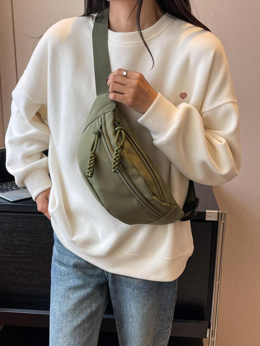 Green Fanny Pack With Zipper Minimalist, Preppy Bum Bag For The First Day Of School - Green - View 1