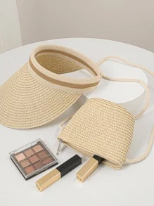 Women's Travel Vacation Set Including Straw Sun Hat And Woven Straw Tote Bag