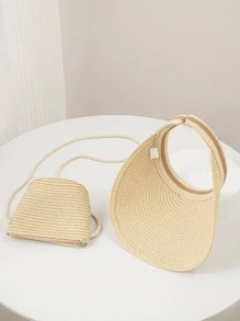 Women's Travel Vacation Set Including Straw Sun Hat And Woven Straw Tote Bag