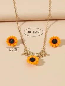 向日葵吊墜項鍊和耳釘 - 金色 - 查看 3