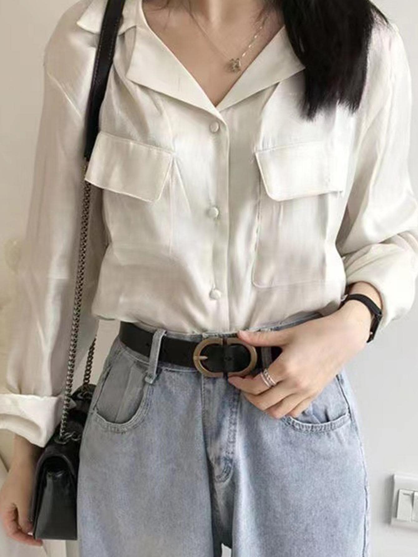 1入女性幾何扣裝飾時尚細腰帶,適用於日常裝飾休閒 - 黑色 - 查看 1