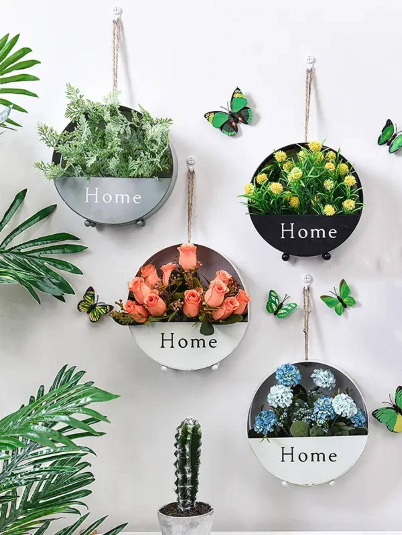 1pc Wrought Iron Round Flower Basket Home Wall Hanging Decorative Flower Basket - Black - View 1