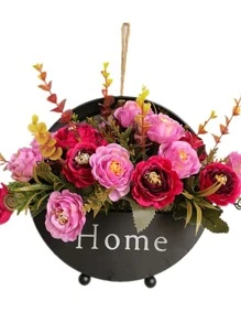 1pc Wrought Iron Round Flower Basket Home Wall Hanging Decorative Flower Basket - Black - View 2