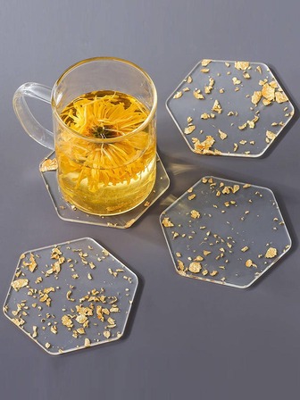 6入組金屬質感透明杯墊,PMMA六邊形防燙傷絕熱墊,適用於餐廳