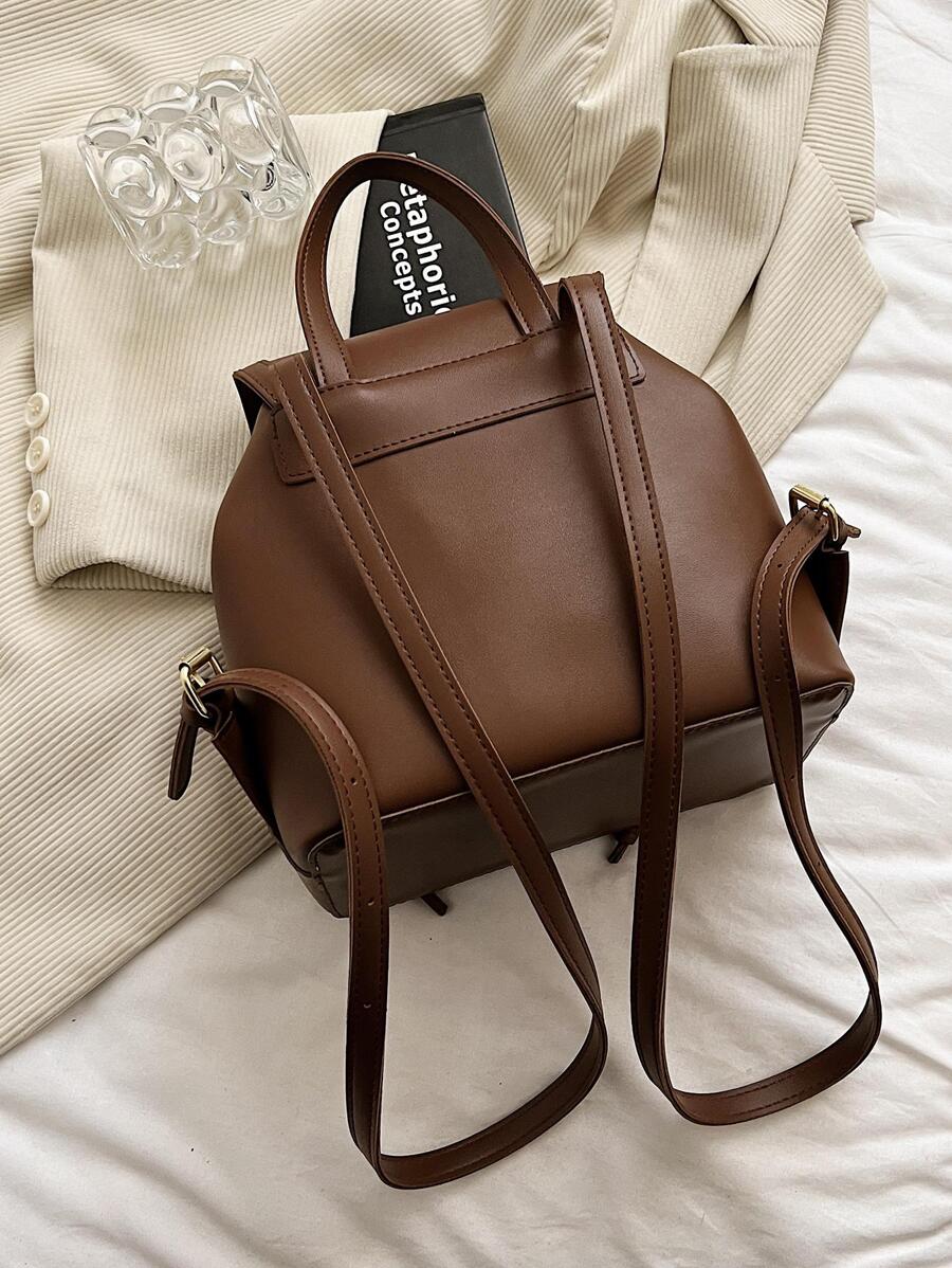 Mochila con solapa con diseño de puntada unicolor con diseño de cordón - Marrón - Ver 1