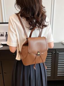 Mochila con solapa con diseño de puntada unicolor con diseño de cordón - Marrón - Ver 7