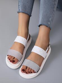 Glamorous Slingback Sandals For Women, Quilted Pattern Rhinestone Decor Flat Sandals - White - View 3