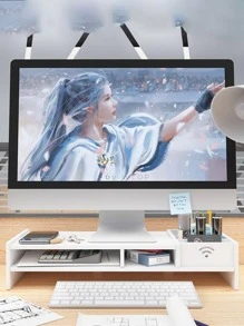 1pc PVC Computer Monitor Heightened Shelf Desk Storage Rack - White - View 6