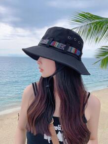 1入組女性素色織帶裝飾時尚漁夫帽適用於戶外遊玩 - 黑色 - 查看 4