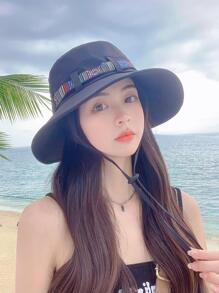 1入組女性素色織帶裝飾時尚漁夫帽適用於戶外遊玩 - 黑色 - 查看 2