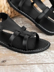 女性編織細節羅馬度假夏天黑色平底涼鞋 - 黑色 - 查看 4