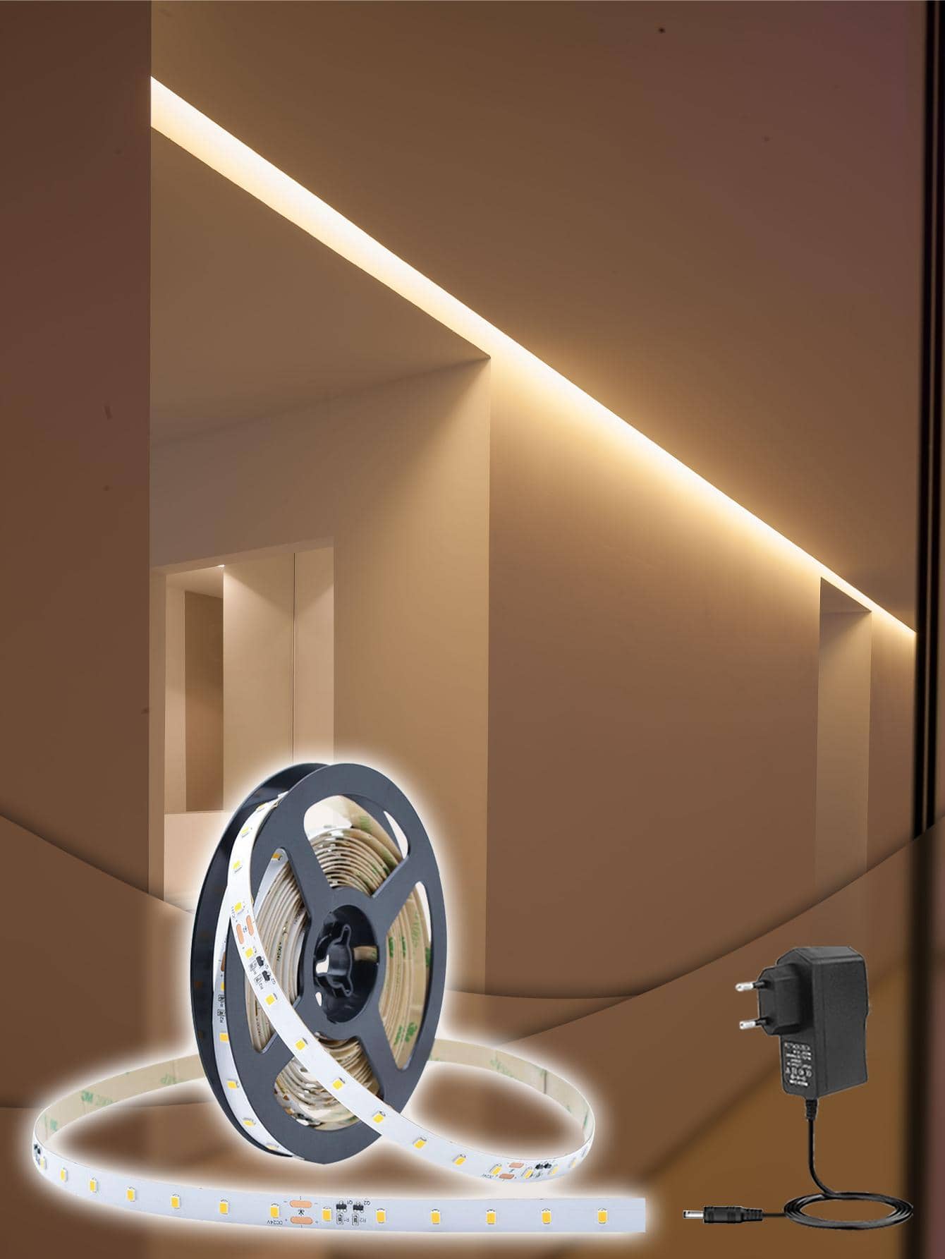 Fita Led Rolo 5m 3528 Branco Quente Dupla Face IP65 A Prova D'agua + Fonte de 2A - Amarelo - Visão 1