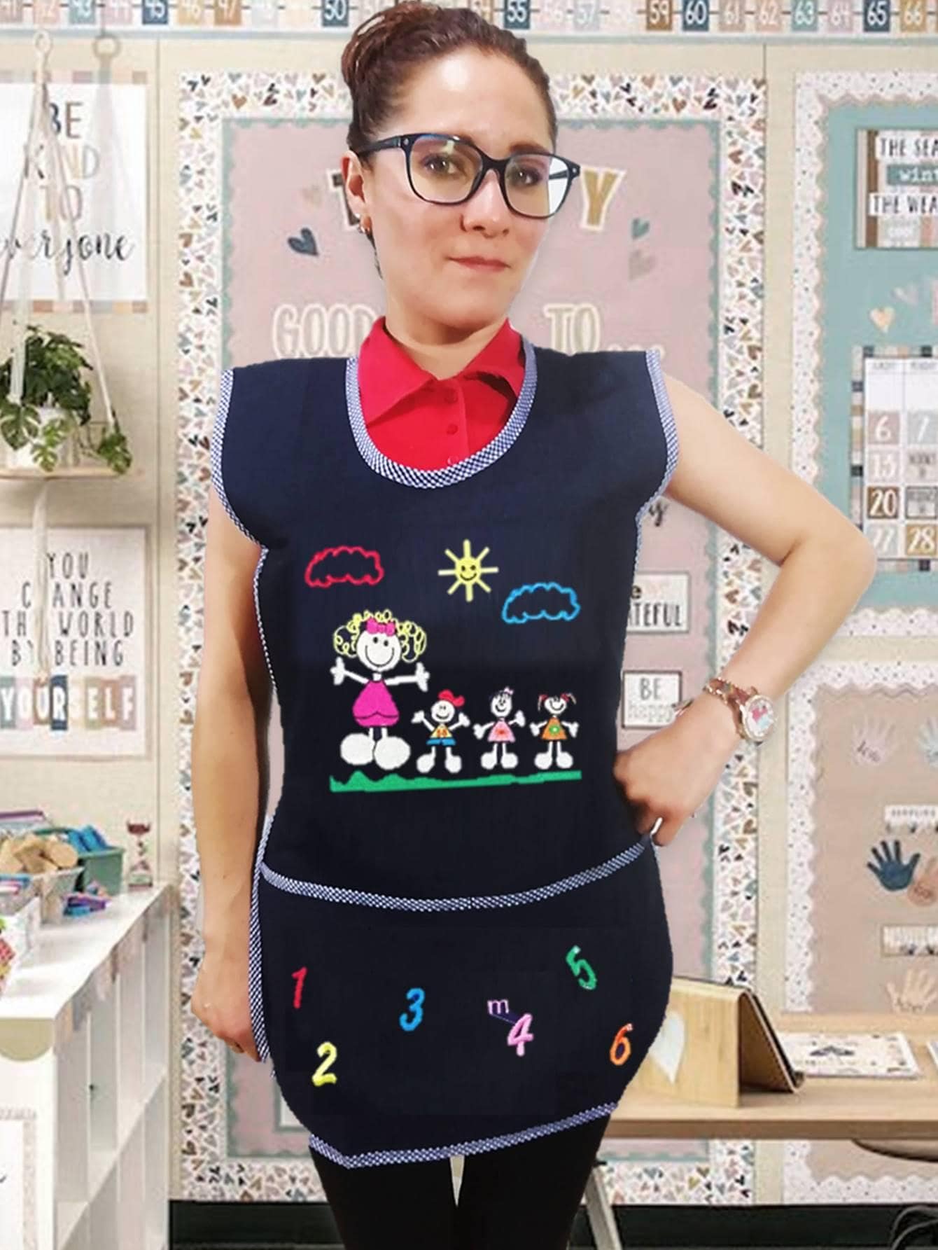 Denim Educator Robe With Bags - Apron Gabán For Preschool Teacher Kindergarten Kindergarten