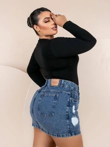 Women's Plus Size High Waist Denim Skirt With Hem - 深色水洗藍 - 查看 4