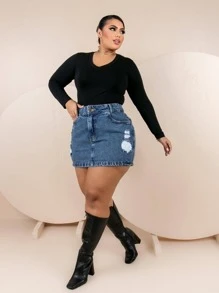Women's Plus Size High Waist Denim Skirt With Hem - 深色水洗藍 - 查看 5