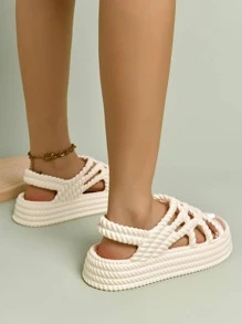 Women's Beige Woven Sandals - White - View 7