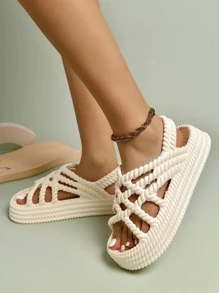 Women's Beige Woven Sandals - White - View 5