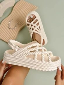 Women's Beige Woven Sandals - White - View 3