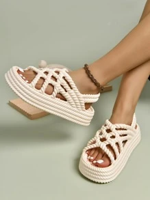 Women's Beige Woven Sandals - White - View 1