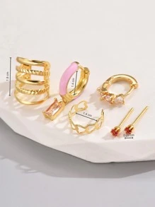 6 Cái/bộ Khuyên Tai Và Bông Tai Màu Hồng Tinh Tế Hình Trái Tim Rỗng Dành Cho Nữ Tiệc Hẹn Hò Phong Cách Đơn Giản Và Thanh Lịch Đi Làm Hàng Ngày - Vàng - Xem 3