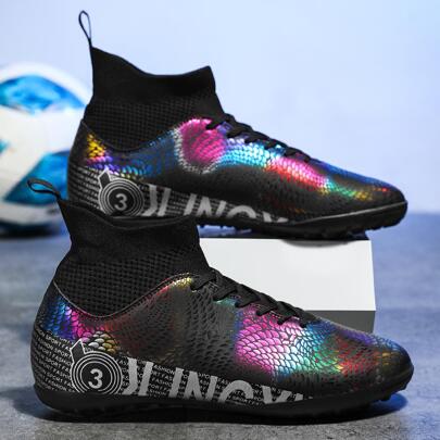 Sporty Soccer Shoes For Men, Colorblock Geometric Pattern Letter Graphic Lace-up Front Sneakers