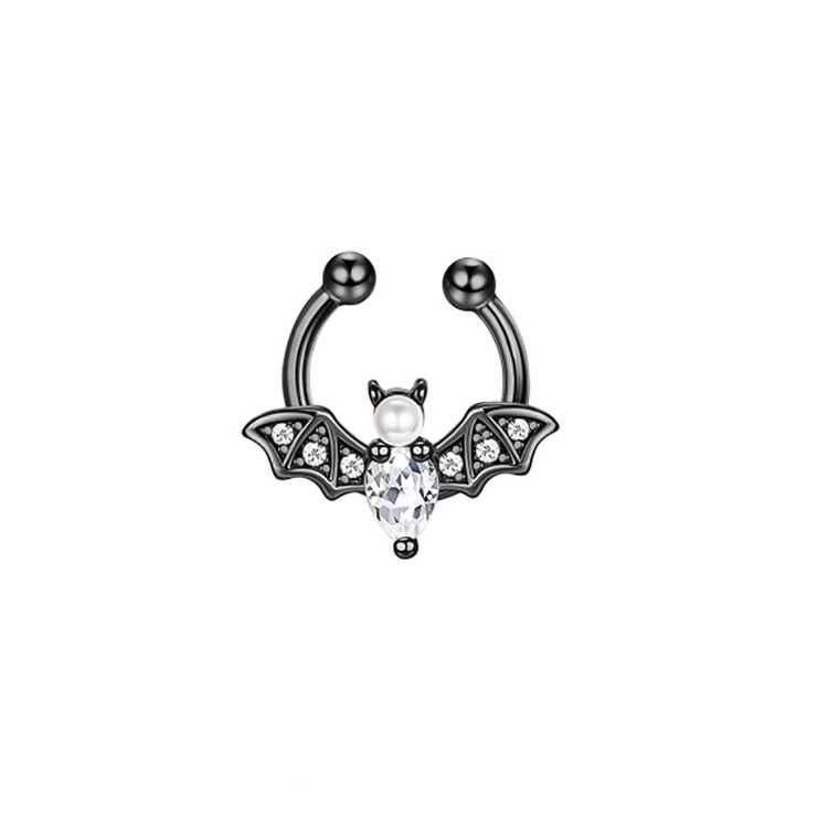 1Pc Cute Halloween Bat Fake Septum Nose Rings Clip On Faux Pearl Bat Septum Rings Cubic Zirconia Non Piercing Septum Jewelry For Women Men SHEIN