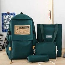 4 piezas Set mochila escolar juvenil para adolescentes con llavero y compartimento para laptop - Verde - Ver 1
