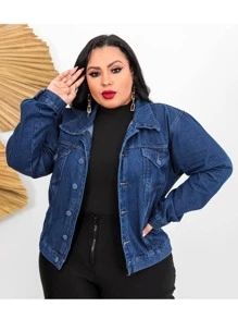 Plus Size Denim Jackets - 深色水洗藍 - 查看 1