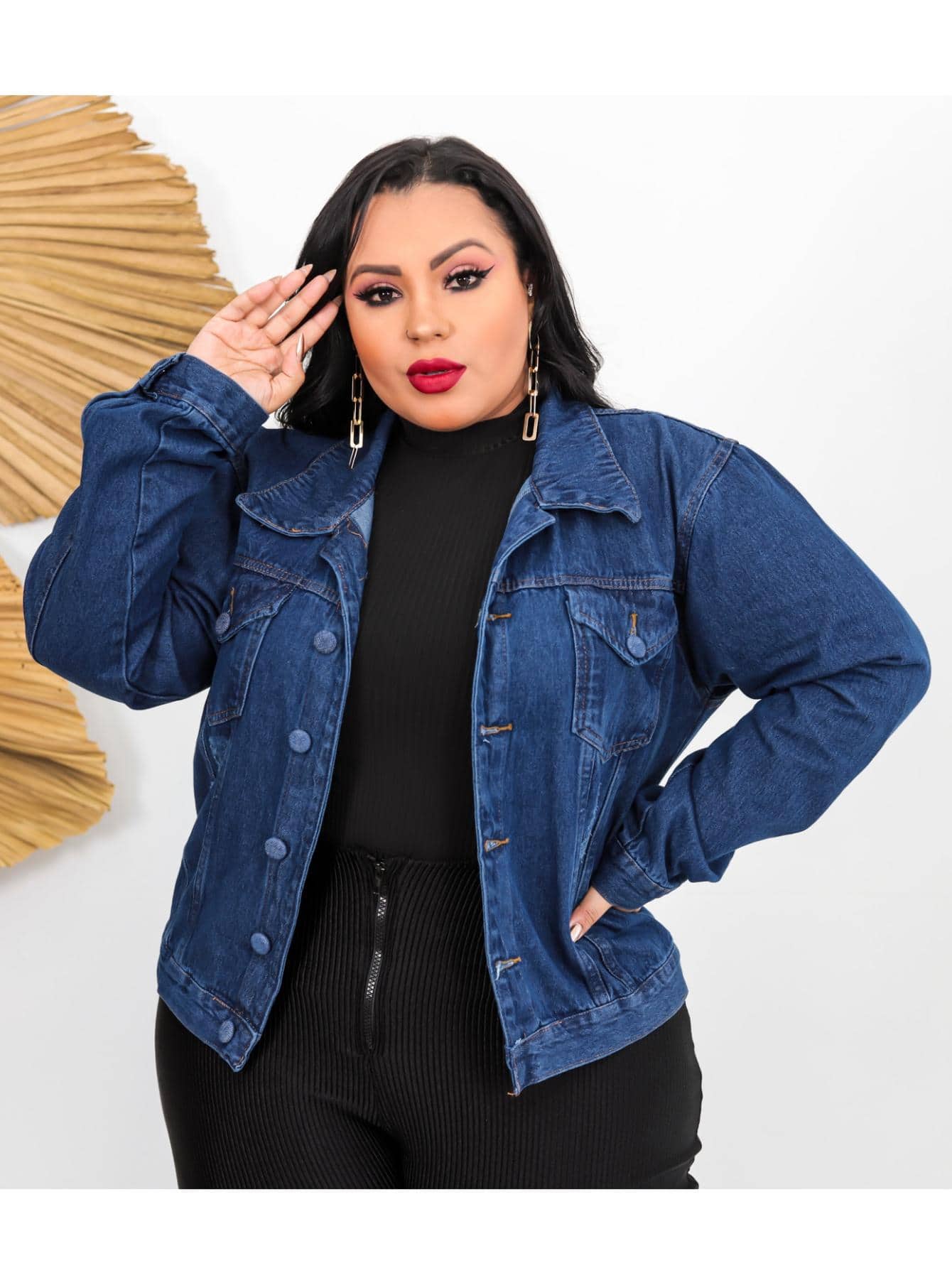 Plus Size Denim Jackets - 深色水洗藍 - 查看 1