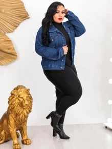 Plus Size Denim Jackets - 深色水洗藍 - 查看 3