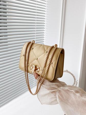 Quilted Square Bag Studded Decor Gold Funky Chain Strap