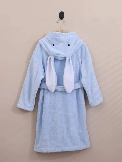 1 件珊瑚绒 3D 耳朵刺绣兔子连帽浴袍、家居服、长袍、高端家居服、适合沐浴、泳池、礼物