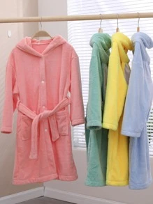 1 件珊瑚绒 3D 耳朵刺绣兔子连帽浴袍、家居服、长袍、高端家居服、适合沐浴、泳池、礼物 - 藍色 - 查看 3
