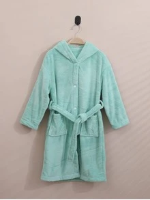 1pc Coral Fleece 3D Ear Embroidered Rabbit Hooded Bathrobe, Loungewear, Robe, High-End Home Wear, Suitable For Bathing, Pool, Gift - Green - View 2