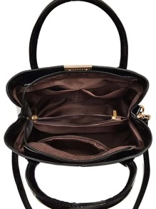 Crocodile Embossed Top Handle Bag Metal Decor Double Handle Fashionable - Black - View 4