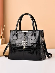 Crocodile Embossed Top Handle Bag Metal Decor Double Handle Fashionable - Black - View 1