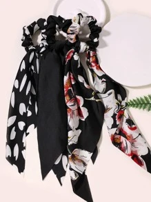 3件套缎面纯色真丝围巾头巾套装，包含发圈、马尾辫发绳、橡皮筋发圈、发绳、弹力发带等。 - 黑色 - 查看 3