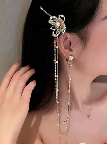 1入組花朵裝飾耳夾 - 金色 - 查看 2